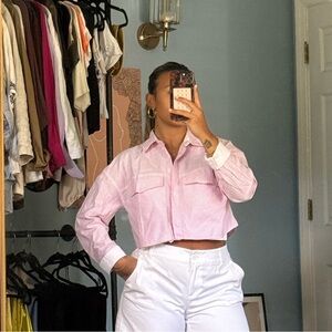 Pink and White striped cropped crop button up